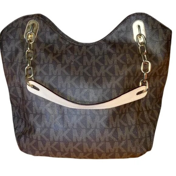 Michael Kors Large Lillie Brown Monogram Leather Shoulder Bag Purse - Picture 1 of 7